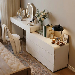 Easy Installation Extendable 47.24''–90'' Makeup Vanity, Modern Vanity Desk with 8 Storage Drawers, Cream Dressing Table with L-Shape or Straight Layout for Different Houses  Wooden Bazar