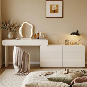 Easy Installation Extendable 47.24''–90'' Makeup Vanity, Modern Vanity Desk with 8 Storage Drawers, Cream Dressing Table with L-Shape or Straight Layout for Different Houses  Wooden Bazar