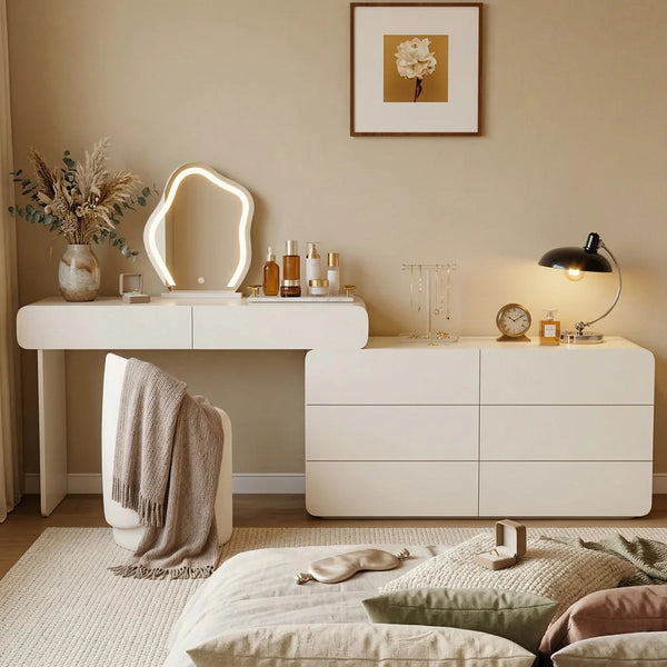 Easy Installation Extendable 47.24''–90'' Makeup Vanity, Modern Vanity Desk with 8 Storage Drawers, Cream Dressing Table with L-Shape or Straight Layout for Different Houses  Wooden Bazar