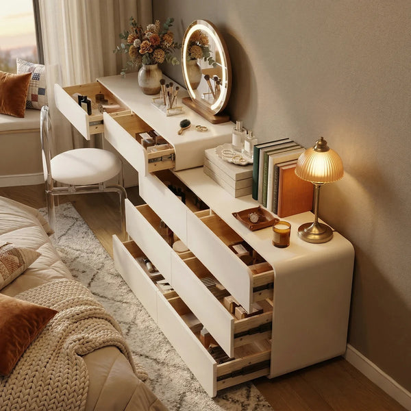 Easy Installation Extendable 47.24''–90'' Makeup Vanity, Modern Vanity Desk with 8 Storage Drawers, Cream Dressing Table with L-Shape or Straight Layout for Different Houses  Wooden Bazar
