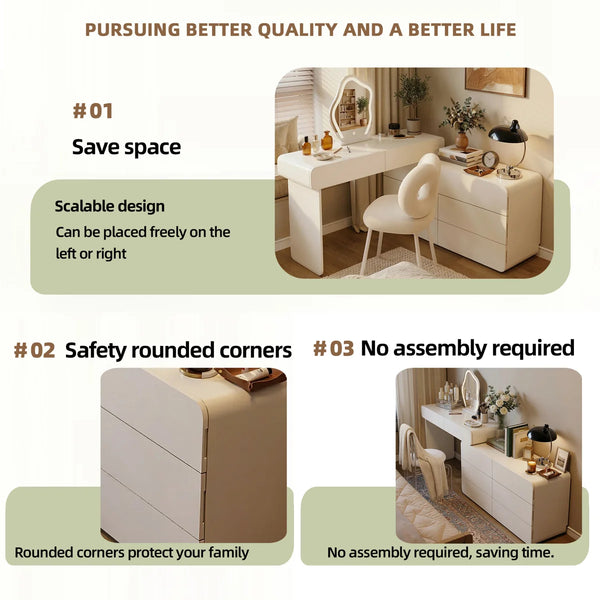 Easy Installation Extendable 47.24''–90'' Makeup Vanity, Modern Vanity Desk with 8 Storage Drawers, Cream Dressing Table with L-Shape or Straight Layout for Different Houses  Wooden Bazar