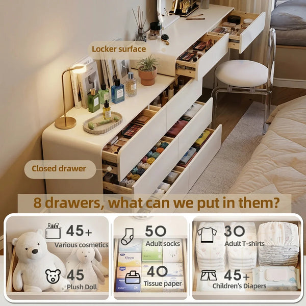 Easy Installation Extendable 47.24''–90'' Makeup Vanity, Modern Vanity Desk with 8 Storage Drawers, Cream Dressing Table with L-Shape or Straight Layout for Different Houses  Wooden Bazar