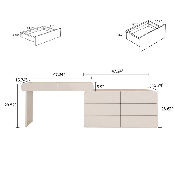 Easy Installation Extendable 47.24''–90'' Makeup Vanity, Modern Vanity Desk with 8 Storage Drawers, Cream Dressing Table with L-Shape or Straight Layout for Different Houses  Wooden Bazar