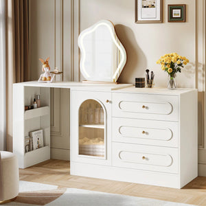 Ebern Designs Modern Makeup Vanity Desk with 3 Drawers & Cabinet, Corner Vanity with Shelf & Acrylic Door (Without Mirror)  Wooden Bazar
