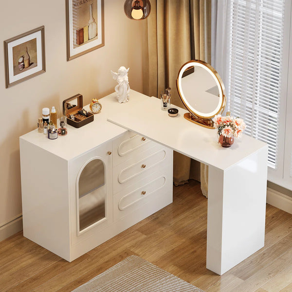 Ebern Designs Modern Makeup Vanity Desk with 3 Drawers & Cabinet, Corner Vanity with Shelf & Acrylic Door (Without Mirror)  Wooden Bazar