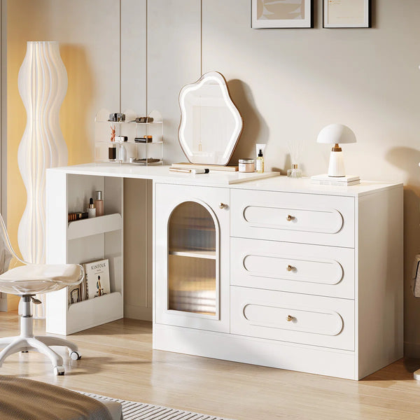 Ebern Designs Modern Makeup Vanity Desk with 3 Drawers & Cabinet, Corner Vanity with Shelf & Acrylic Door (Without Mirror)  Wooden Bazar