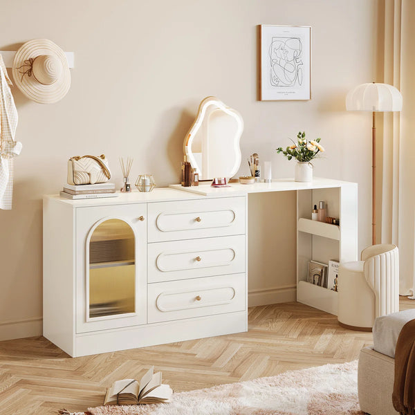 Ebern Designs Modern Makeup Vanity Desk with 3 Drawers & Cabinet, Corner Vanity with Shelf & Acrylic Door (Without Mirror)  Wooden Bazar