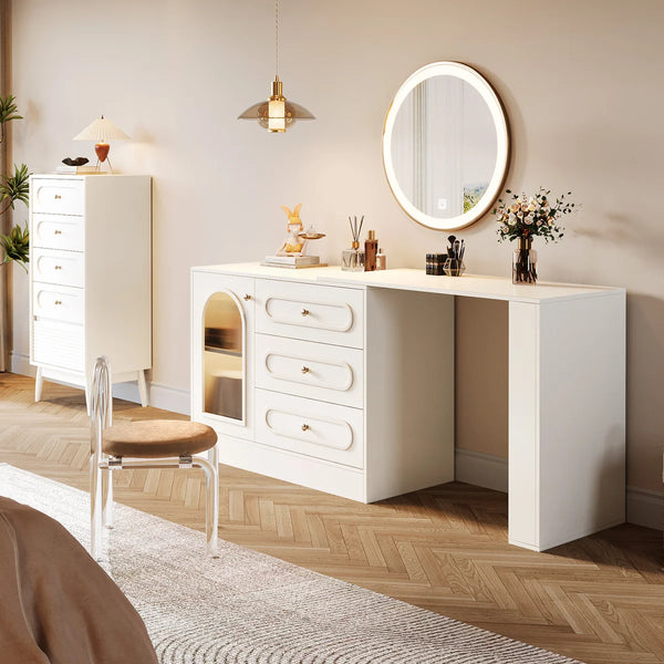 Ebern Designs Modern Makeup Vanity Desk with 3 Drawers & Cabinet, Corner Vanity with Shelf & Acrylic Door (Without Mirror)  Wooden Bazar