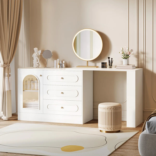 Ebern Designs Modern Makeup Vanity Desk with 3 Drawers & Cabinet, Corner Vanity with Shelf & Acrylic Door (Without Mirror)  Wooden Bazar