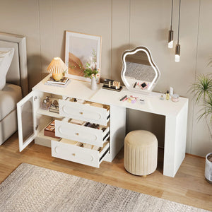 Ebern Designs Modern Makeup Vanity Desk with 3 Drawers & Cabinet, Corner Vanity with Shelf & Acrylic Door (Without Mirror)  Wooden Bazar