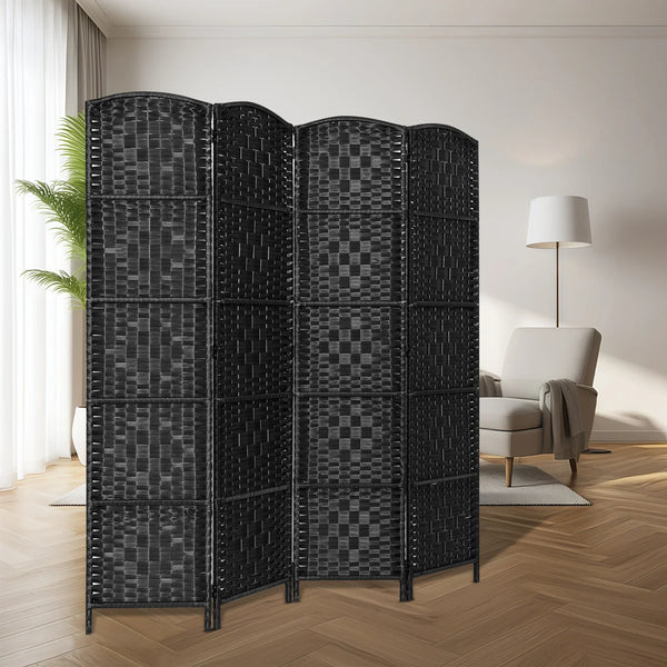 Elmina Folding Room Divider Privacy Screen with Diamond-Weave Fiber Panels  Wooden Bazar