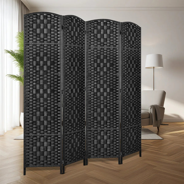 Elmina Folding Room Divider Privacy Screen with Diamond-Weave Fiber Panels  Wooden Bazar