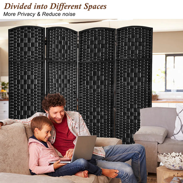 Elmina Folding Room Divider Privacy Screen with Diamond-Weave Fiber Panels  Wooden Bazar