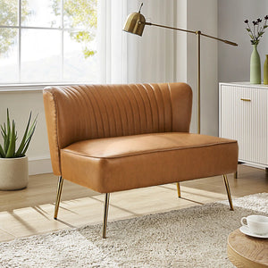 Modern Faux Leather Armless Loveseat with Channel Tufted Back  Wooden Bazar