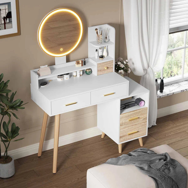 Eyder 54.5" H x 15.8'' W Solid and Manufactured Wood 5-Drawer Vanity Set with Lighted Mirror  Wooden Bazar