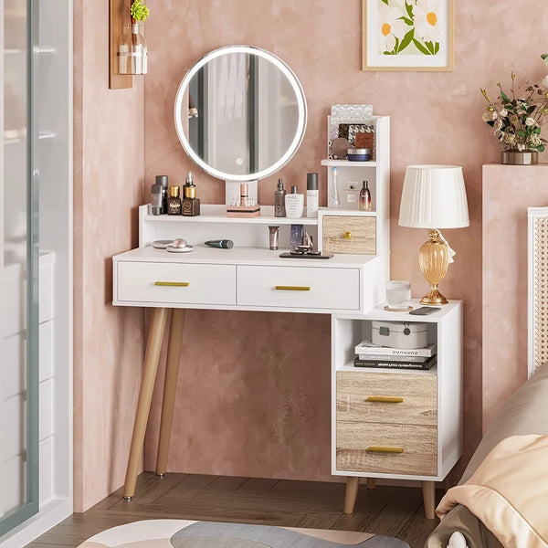 Eyder 54.5" H x 15.8'' W Solid and Manufactured Wood 5-Drawer Vanity Set with Lighted Mirror  Wooden Bazar