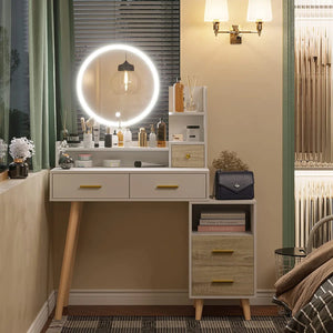 Eyder 54.5" H x 15.8'' W Solid and Manufactured Wood 5-Drawer Vanity Set with Lighted Mirror  Wooden Bazar