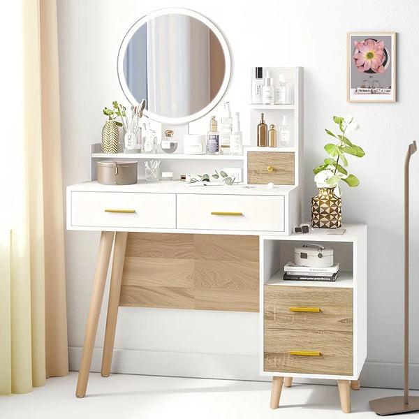 Eyder 54.5" H x 15.8'' W Solid and Manufactured Wood 5-Drawer Vanity Set with Lighted Mirror  Wooden Bazar