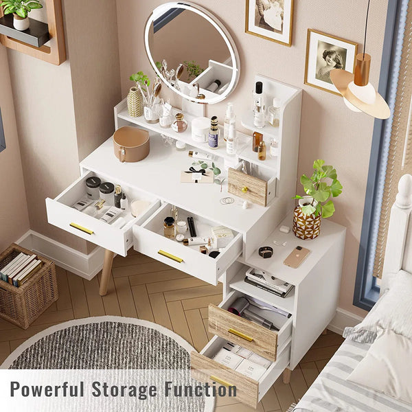 Eyder 54.5" H x 15.8'' W Solid and Manufactured Wood 5-Drawer Vanity Set with Lighted Mirror  Wooden Bazar