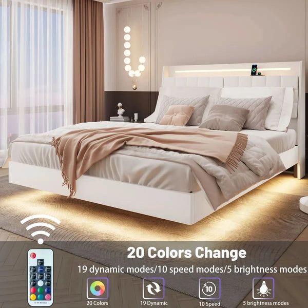 Floating Bed Frame with Storage Headboard, LED Bed Frame with Charging Station