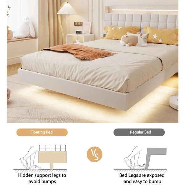 Floating Bed Frame with Storage Headboard, LED Bed Frame with Charging Station