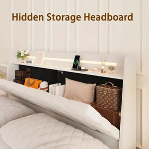 Floating Bed Frame with Storage Headboard, LED Bed Frame with Charging Station