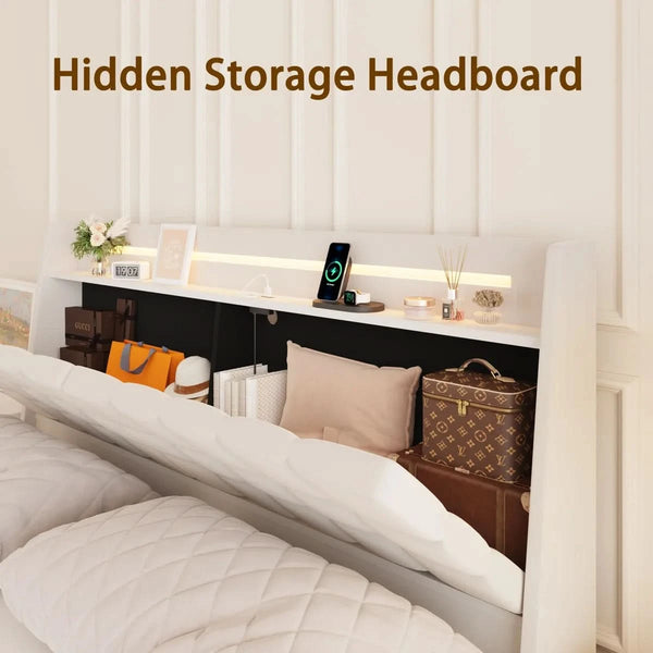 Floating Bed Frame with Storage Headboard, LED Bed Frame with Charging Station