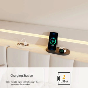 Floating Bed Frame with Storage Headboard, LED Bed Frame with Charging Station
