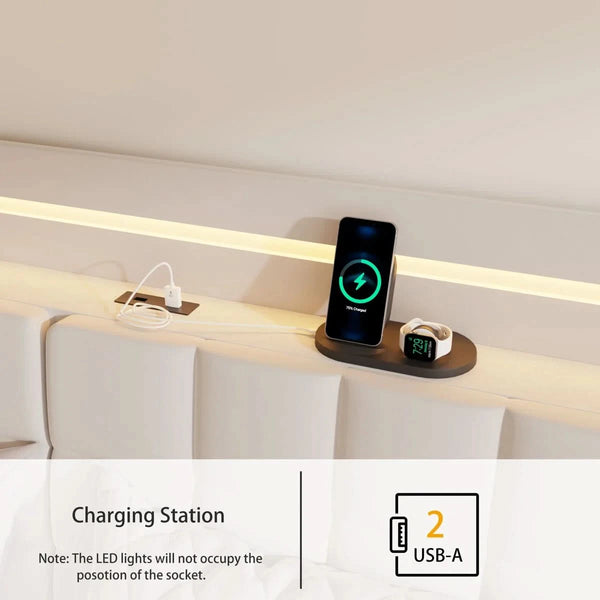 Floating Bed Frame with Storage Headboard, LED Bed Frame with Charging Station