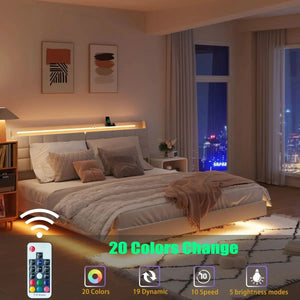 Floating Bed Frame with Storage Headboard, LED Bed Frame with Charging Station