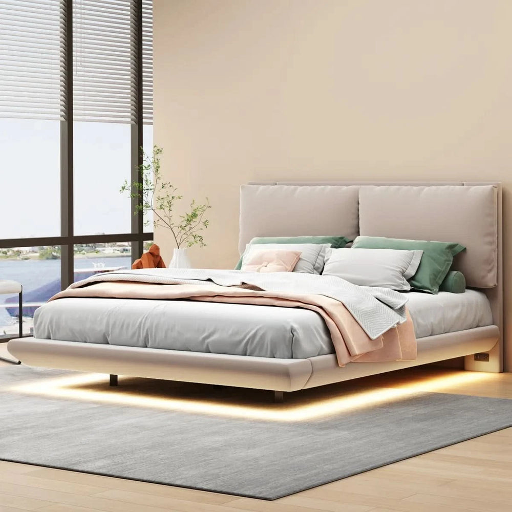 Floating Style Upholstered Bed With Sensor Lights And Outlets