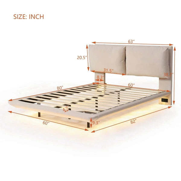 Floating Style Upholstered Bed With Sensor Lights And Outlets
