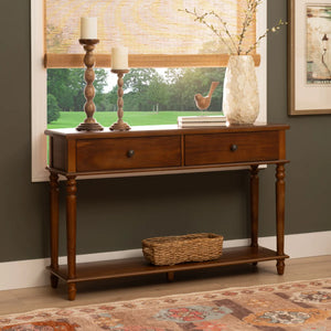 2-Drawer Console Table with Lower Display Shelf for Entryway & Living Room  Wooden Bazar