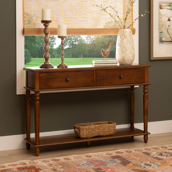 2-Drawer Console Table with Lower Display Shelf for Entryway & Living Room  Wooden Bazar