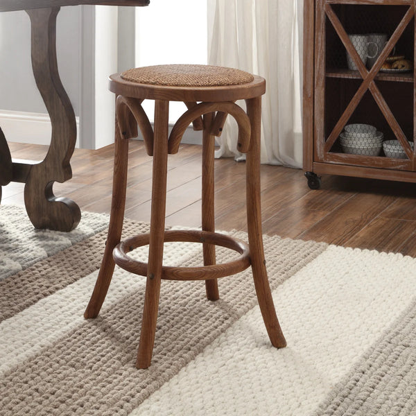 Fredericksburg Round Rattan-Seat Counter Stool with Solid Wood Frame  Wooden Bazar