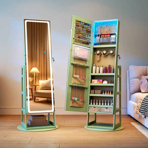 Freestanding 360° Swivel Jewelry Armoire with LED Lighted Full-Length Mirror  Wooden Bazar