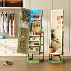 Freestanding 360° Swivel Jewelry Armoire with LED Lighted Full-Length Mirror  Wooden Bazar