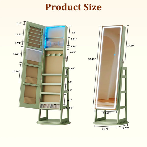 Freestanding 360° Swivel Jewelry Armoire with LED Lighted Full-Length Mirror  Wooden Bazar