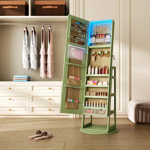 Freestanding 360° Swivel Jewelry Armoire with LED Lighted Full-Length Mirror  Wooden Bazar