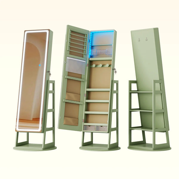 Freestanding 360° Swivel Jewelry Armoire with LED Lighted Full-Length Mirror  Wooden Bazar