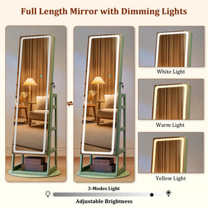 Freestanding 360° Swivel Jewelry Armoire with LED Lighted Full-Length Mirror  Wooden Bazar