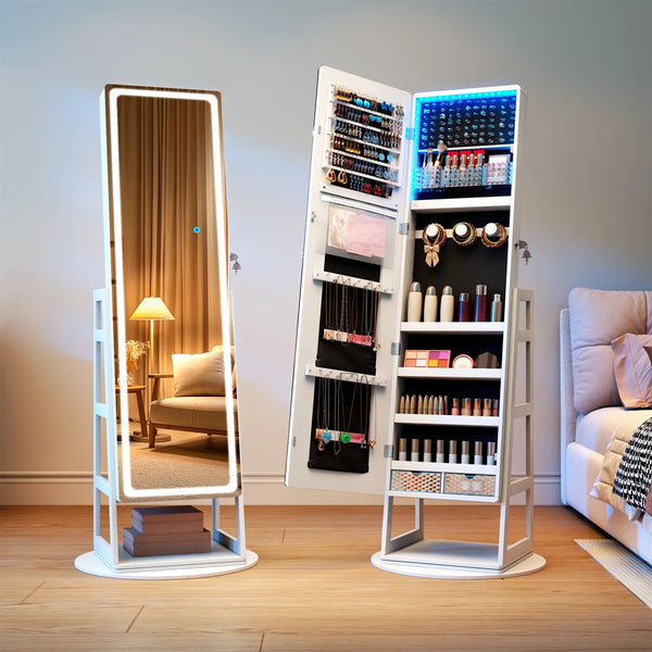 Freestanding 360° Swivel Jewelry Armoire with LED Lighted Full-Length Mirror  Wooden Bazar
