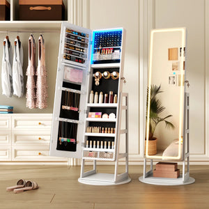 Freestanding 360° Swivel Jewelry Armoire with LED Lighted Full-Length Mirror  Wooden Bazar