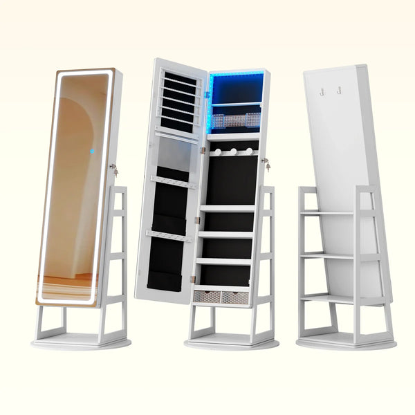 Freestanding 360° Swivel Jewelry Armoire with LED Lighted Full-Length Mirror  Wooden Bazar