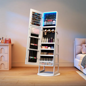 Freestanding 360° Swivel Jewelry Armoire with LED Lighted Full-Length Mirror  Wooden Bazar
