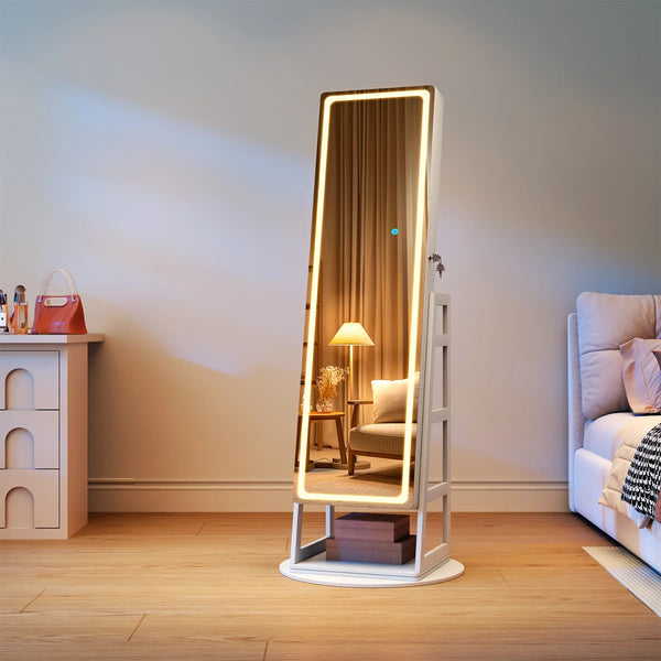Freestanding 360° Swivel Jewelry Armoire with LED Lighted Full-Length Mirror  Wooden Bazar