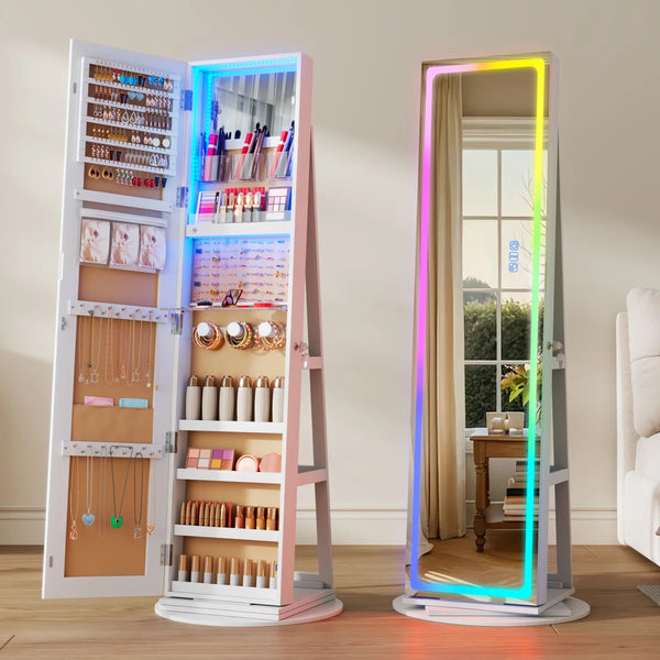 Rotating Jewelry Armoire with Dimmable RGB Lights & Lockable Storage  Wooden Bazar