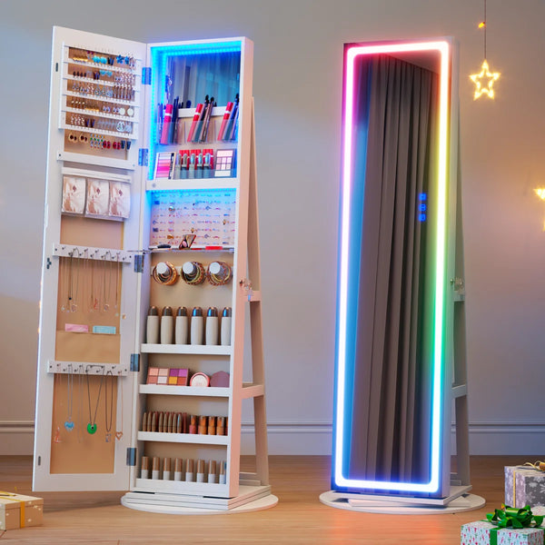 Rotating Jewelry Armoire with Dimmable RGB Lights & Lockable Storage  Wooden Bazar