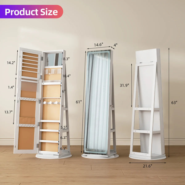 Rotating Jewelry Armoire with Dimmable RGB Lights & Lockable Storage  Wooden Bazar