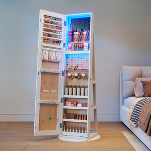 Rotating Jewelry Armoire with Dimmable RGB Lights & Lockable Storage  Wooden Bazar